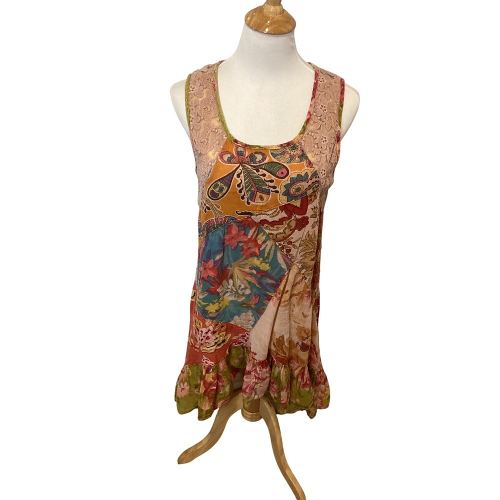 Fashion Fuse Patchwork Lace Trim Ruffle Hem Mini‎ Dress Women's L Boho Floral